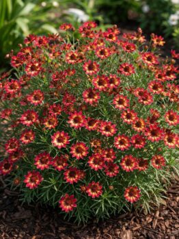 Coreopsis ‘Little Penny’ 15cm Pot forms a compact bush with abundant small red and yellow daisy-like flowers, perfect for mulched garden beds with lush green foliage as a backdrop.