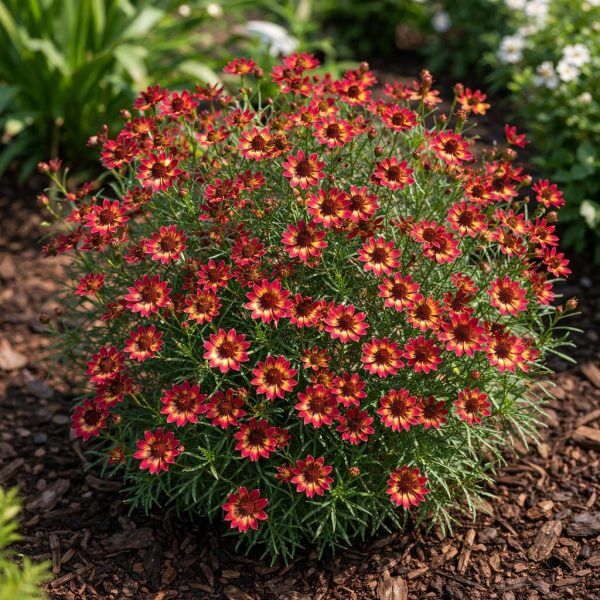 Coreopsis ‘Little Penny’ 15cm Pot forms a compact bush with abundant small red and yellow daisy-like flowers, perfect for mulched garden beds with lush green foliage as a backdrop.