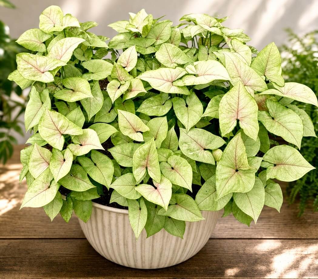 A potted plant with light green, heart-shaped leaves that have subtle pink veins, placed on a wooden surface with blurred greenery in the background.
