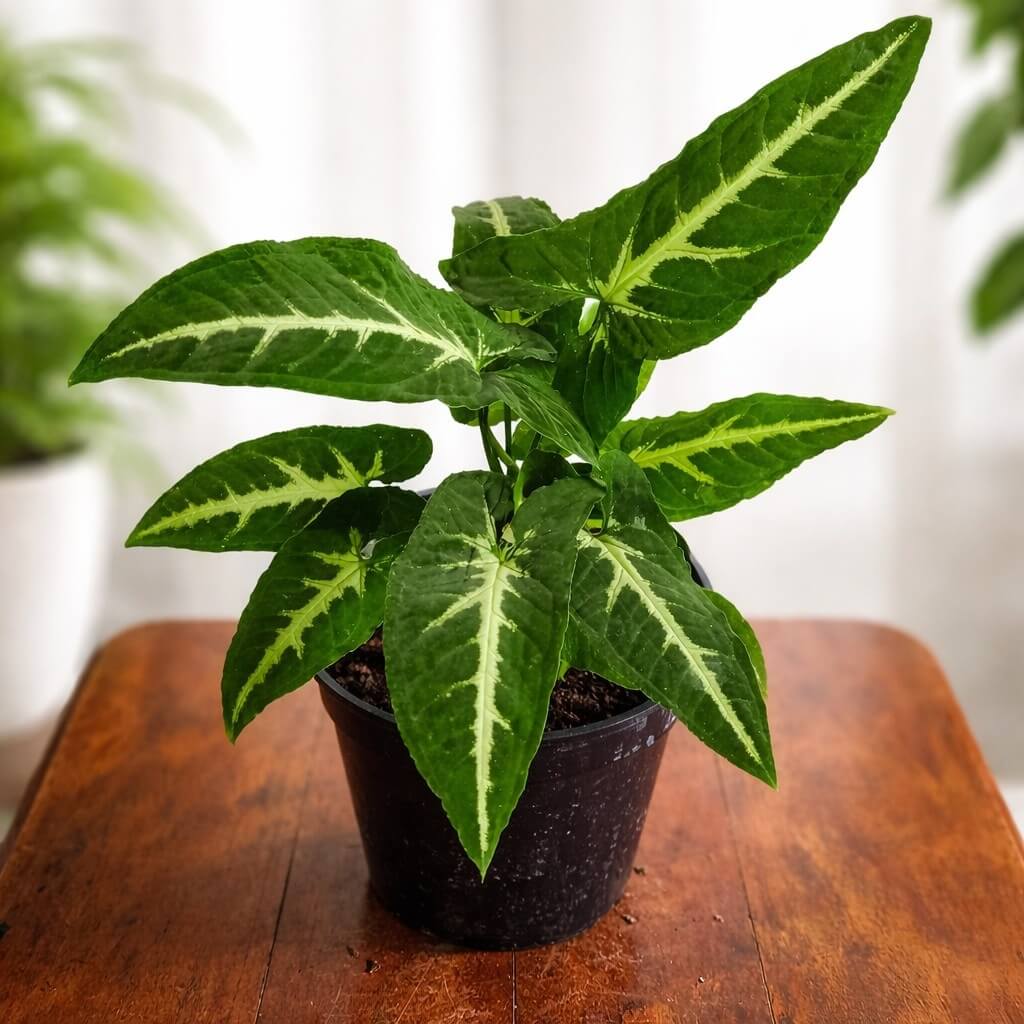 A potted plant with large, green leaves featuring prominent white veins, placed on a wooden surface indoors.