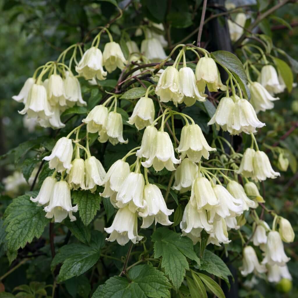 Clematis fasciculiflora 8" Pot features leafy green vines adorned with clusters of creamy white, bell-shaped flowers—ideal for outdoor decoration.