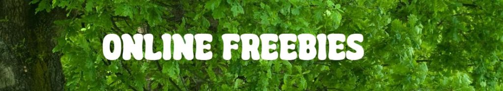 White text reading "ONLINE FREEBIES" is centred over a background of green leaves and tree branches, highlighting the Easter Plant Giveaway.