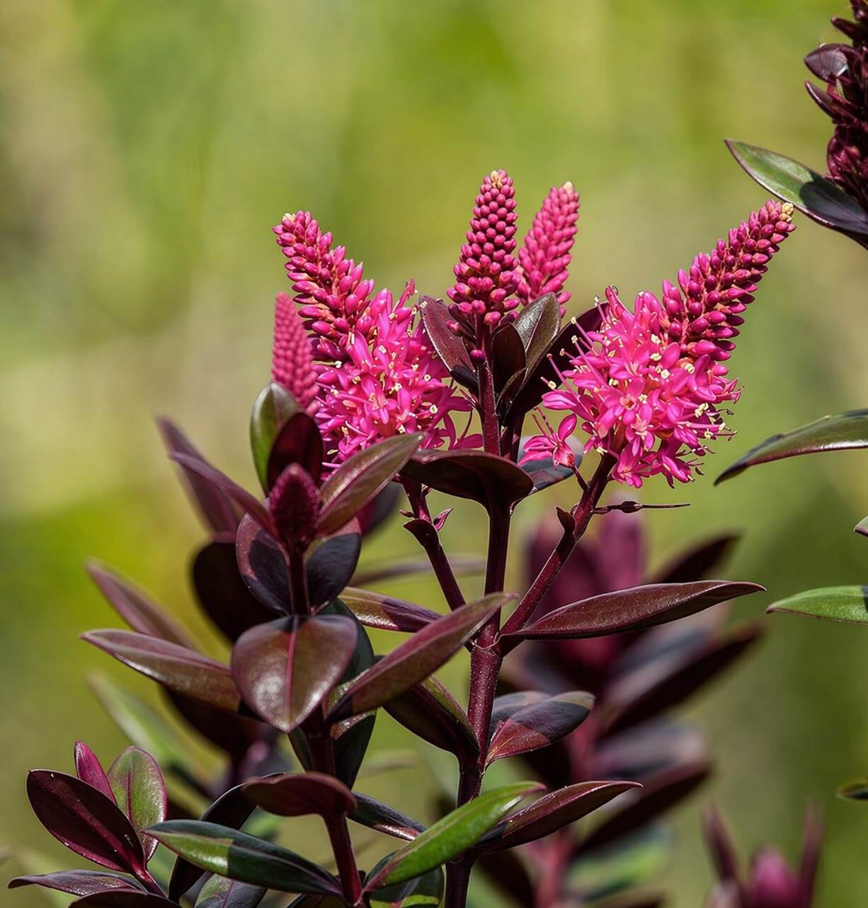 Close-up of a Hebe 'Chocolate Box™ Raspberry Truffle' in a 15cm pot, showing glossy dark green and burgundy leaves with clusters of vibrant pink flowers and buds, set against a soft green blurred background.