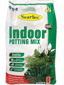 A bag of Searles® Indoor Potting Mix 10L displays indoor plants and highlights benefits such as six months of fertiliser, water efficiency, and a Soil Improver Mix Compost Blend for healthier plant growth.