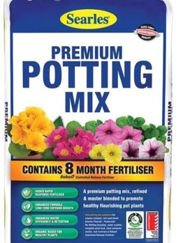 A 25L bag of Searles Premium Potting Mix features vibrant flowers on the label and notes 8-month fertiliser, an enhanced formula, and organic matter to keep plants healthy.