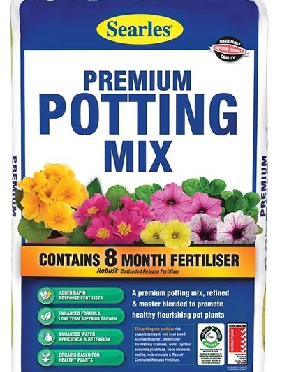 A 25L bag of Searles Premium Potting Mix features vibrant flowers on the label and notes 8-month fertiliser, an enhanced formula, and organic matter to keep plants healthy.