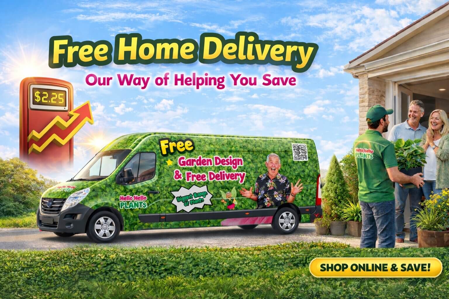A delivery van with "Free Delivery on Orders Over £399" offers garden plants to smiling homeowners, with petrol prices shown rising in the background. A worker hands over plants near a suburban house.