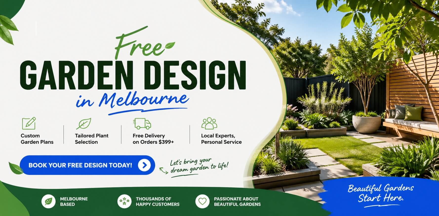 Outdoor garden by Hello Hello Plants with lush greenery, a wooden deck, and cosy seating. Enjoy Free Garden Design in Melbourne—discover stunning features to transform your space!.