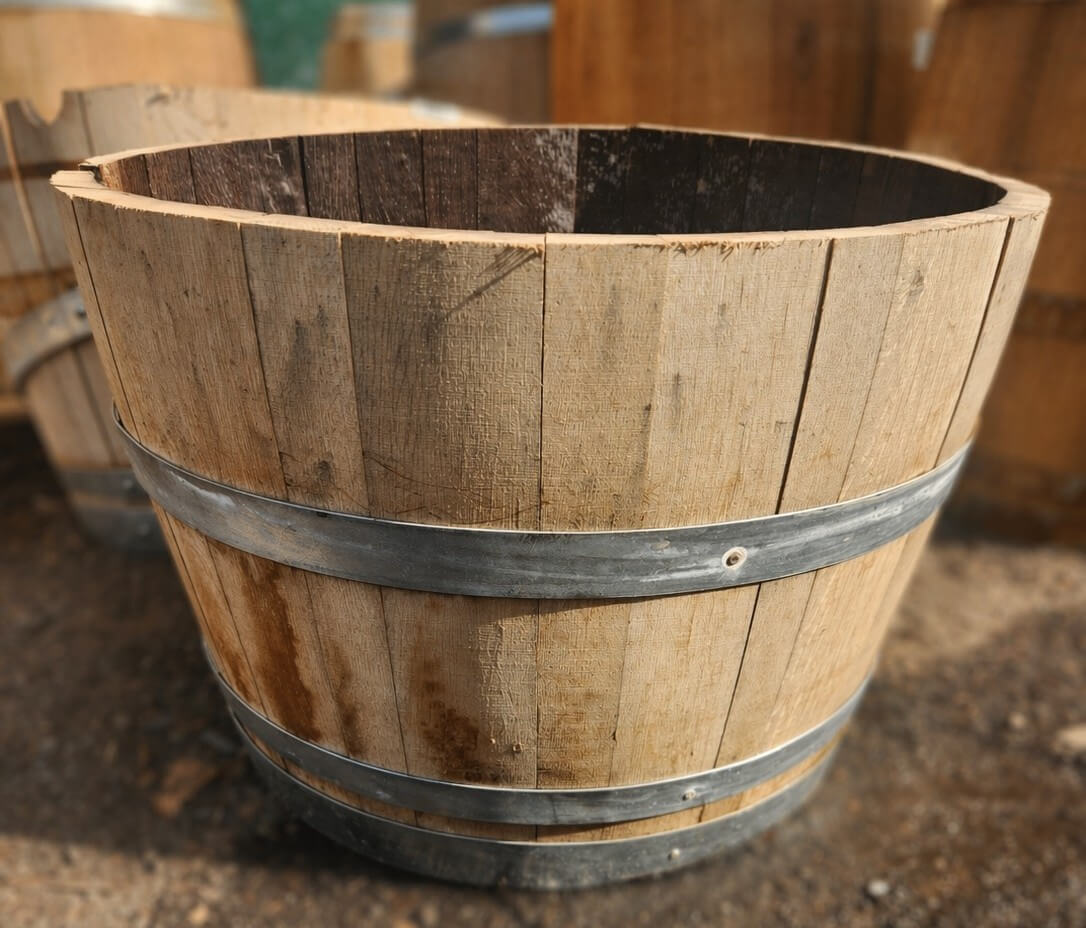 A Wine Barrel (Half) with metal bands and open ends sits on a dirt surface.