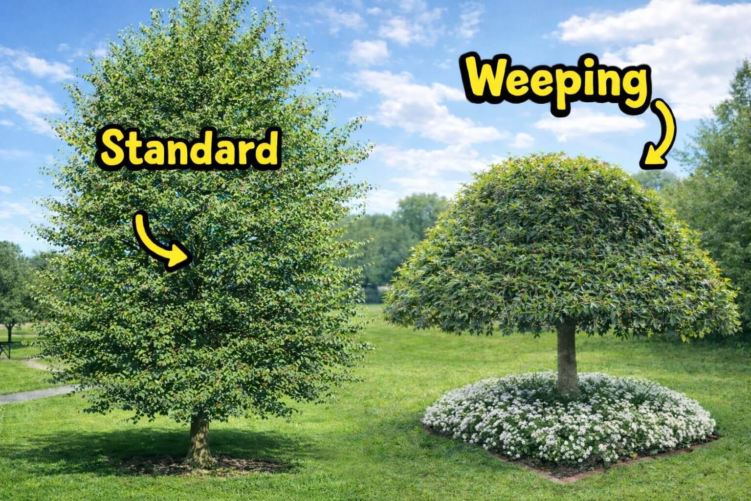 Two trees in a grassy park: one labelled "Standard" with an upright shape, the other labelled "Weeping" with drooping branches and a rounded form—both are fast-growing Evergreen Alder Trees for year-round appeal.