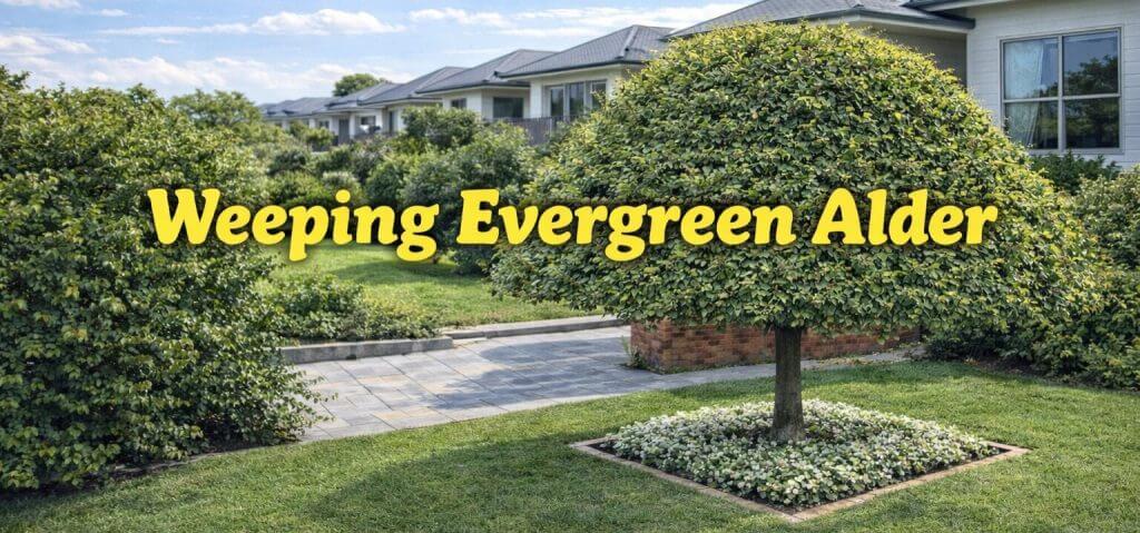 A neatly trimmed, fast-growing weeping evergreen alder tree in a landscaped garden, with a stone path and houses in the background; bold yellow text reads "Weeping Evergreen Alder.