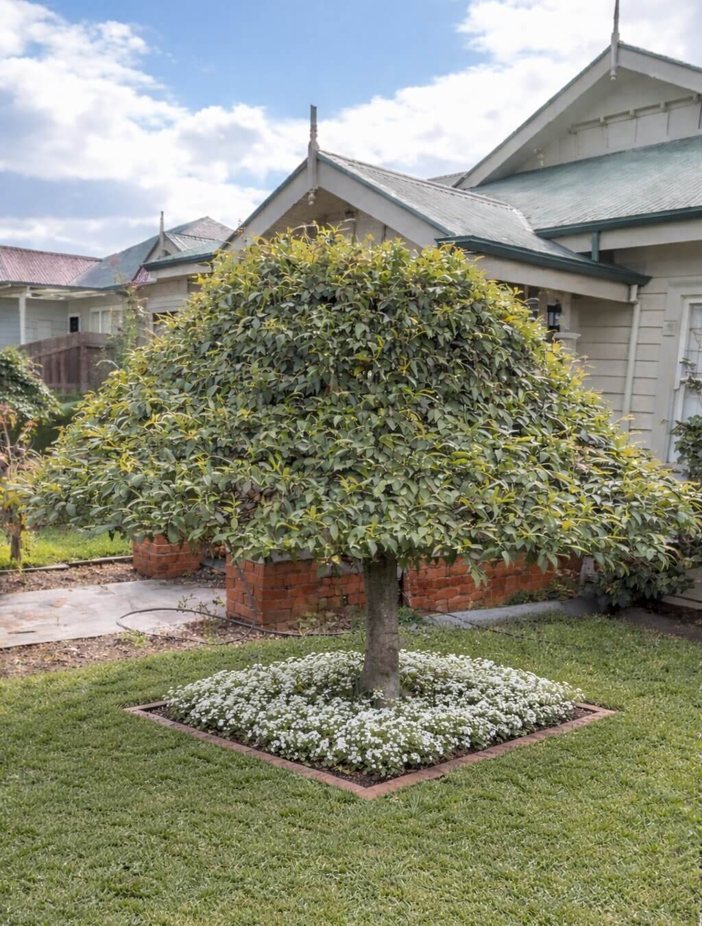 An Alnus 'Weeping Evergreen Alder' in a 12" pot sits in a square flower bed with white flowers and grass, placed in front of a house with a green roof.
