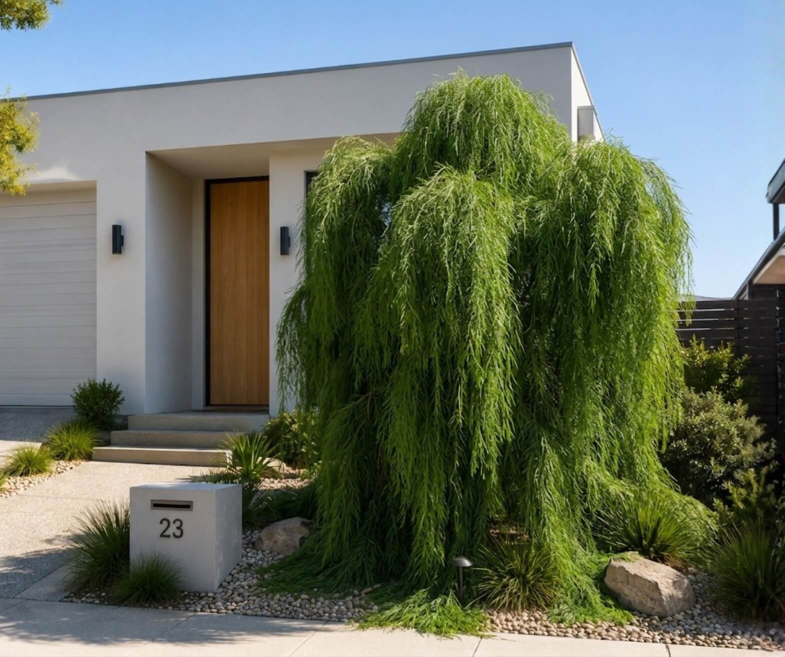 A modern house with a flat roof, wooden front door, and a large weeping tree obscuring part of the entrance. A house number 23 plaque is visible in front.