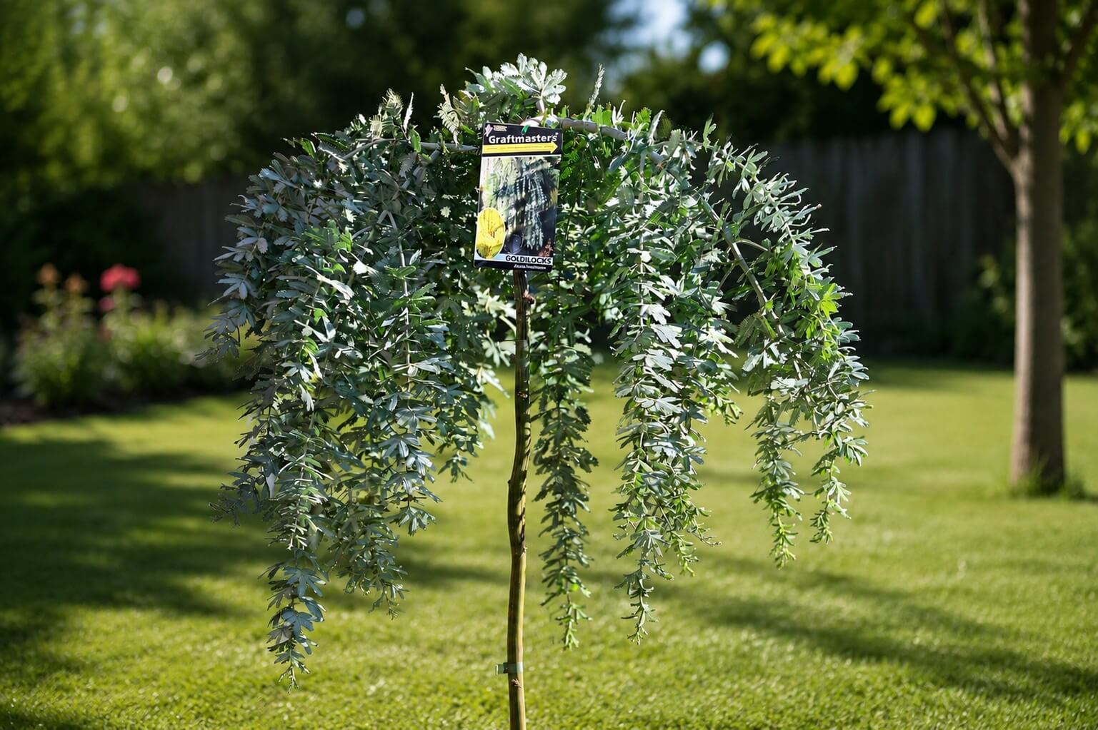 A small grafted weeping tree with silvery-green leaves stands in a grassy garden, with a plant label attached to its trunk.