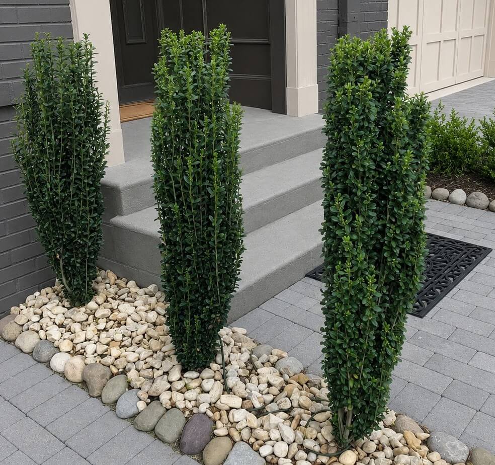Three tall, narrow evergreen shrubs planted in a bed of decorative stones beside a grey stone path and steps leading to a front door.