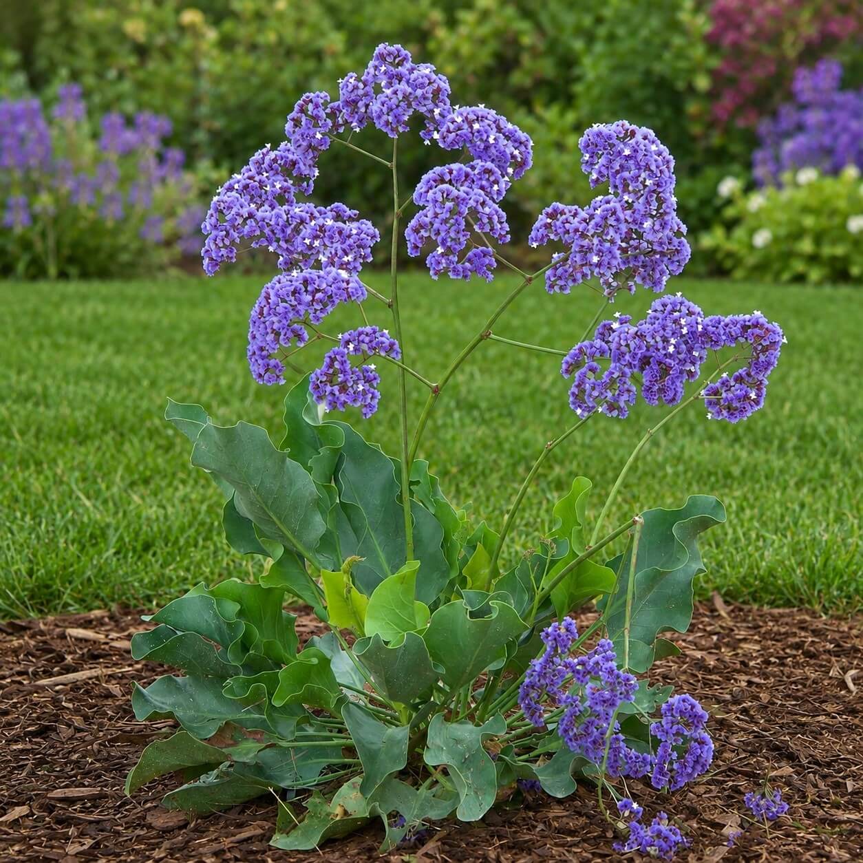 A single sea lavender plant with clusters of small purple flowers and broad green leaves growing in a mulched garden bed.