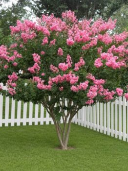 A crepe myrtle with bright pink blooms stands on green grass by a white picket fence, next to an Acer 'Kumoi Nishiki' Japanese Maple in a 10″ pot showing its striking variegated foliage.