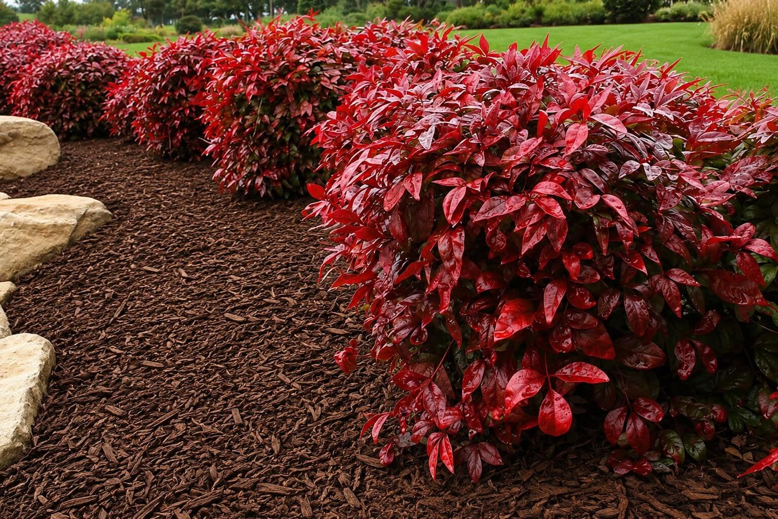 Red-leaved shrubs are planted along a mulched garden bed with large rocks on the left and green grass in the background.