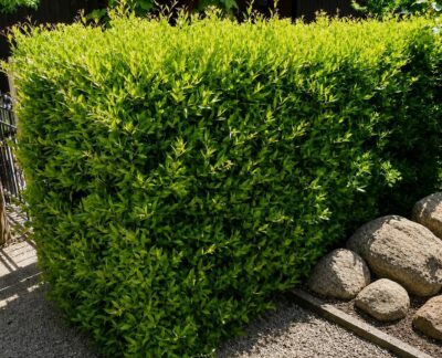 A neatly trimmed green hedge borders a gravel path, with several large rocks arranged along the edge.