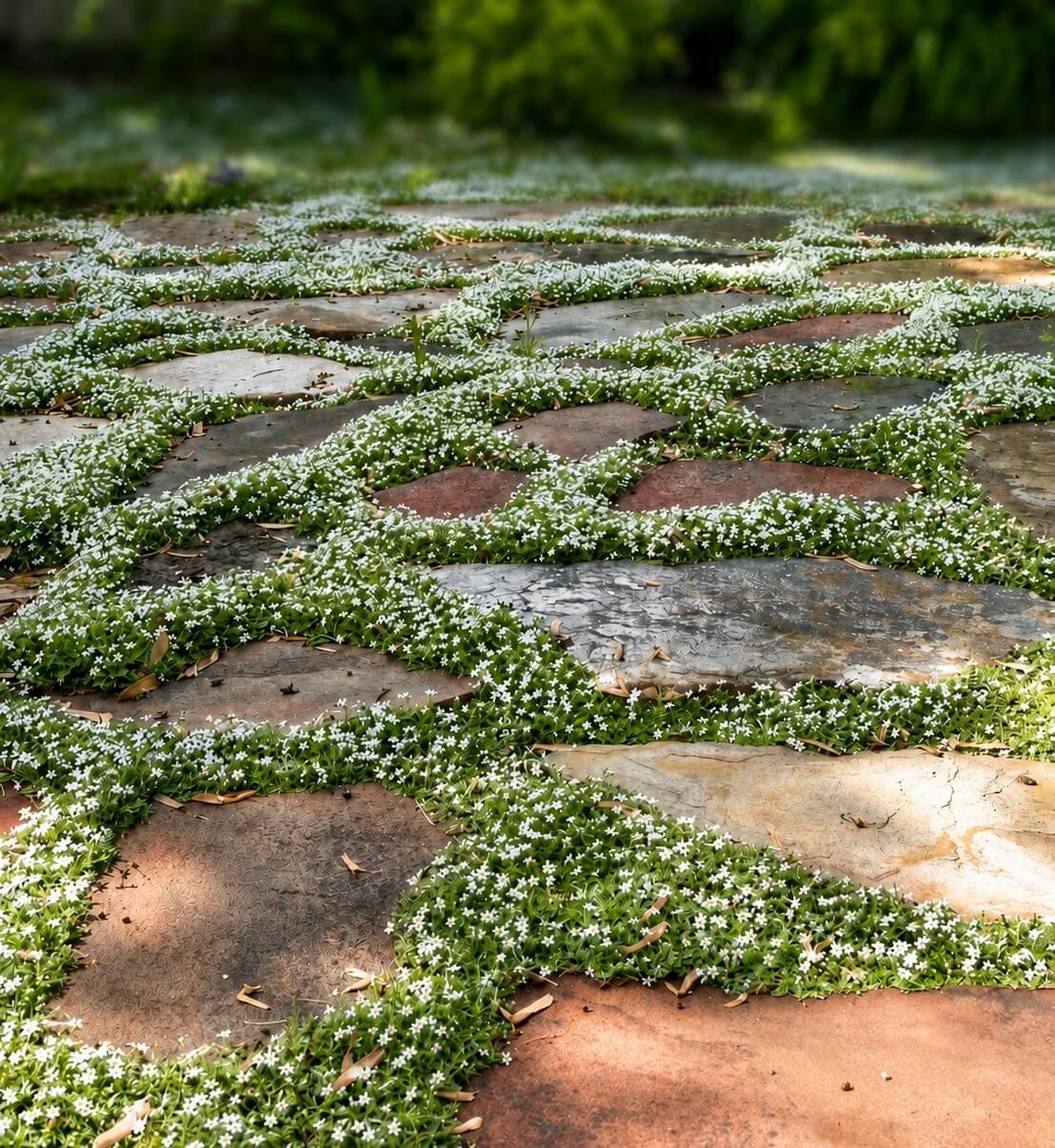 Large, irregular stone paving slabs are set in the ground with green foliage and small white flowers growing between the gaps.