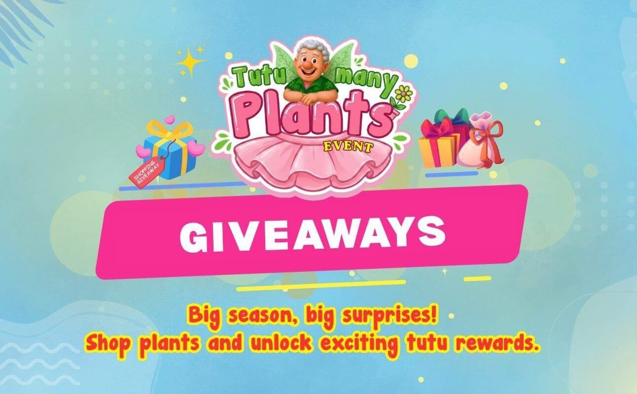 Banner for "Tutu Many Plants Event" giveaways, featuring a pink tutu, gifts, and text inviting shoppers to unlock Autumn Plant Giveaway rewards with every plant purchase.