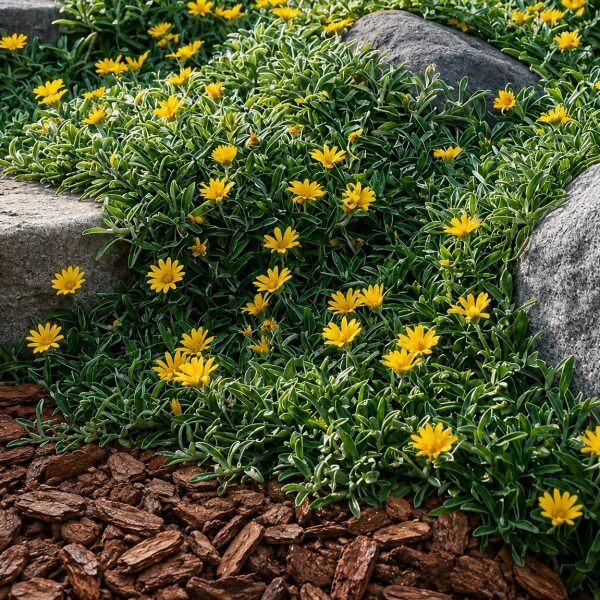 Yellow flowers grow among green foliage, surrounded by large grey rocks and brown wood mulch in a landscaped garden.