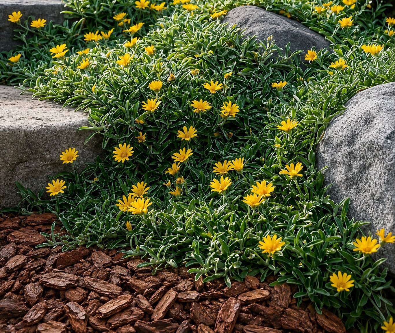 Yellow flowers grow among green foliage, surrounded by large grey rocks and brown wood mulch in a landscaped garden.