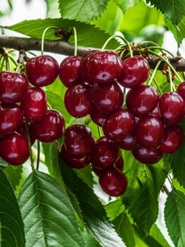 Clusters of ripe red cherries hang from a tree branch surrounded by green leaves, near the golden fruit forming on a Prunus 'Divinity' Apricot (Bare Root).