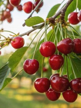 Clusters of ripe red cherries hang from tree branches among green leaves in an outdoor orchard setting.