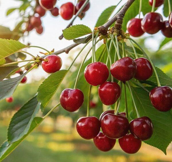 Clusters of ripe red cherries hang from tree branches among green leaves in an outdoor orchard setting.