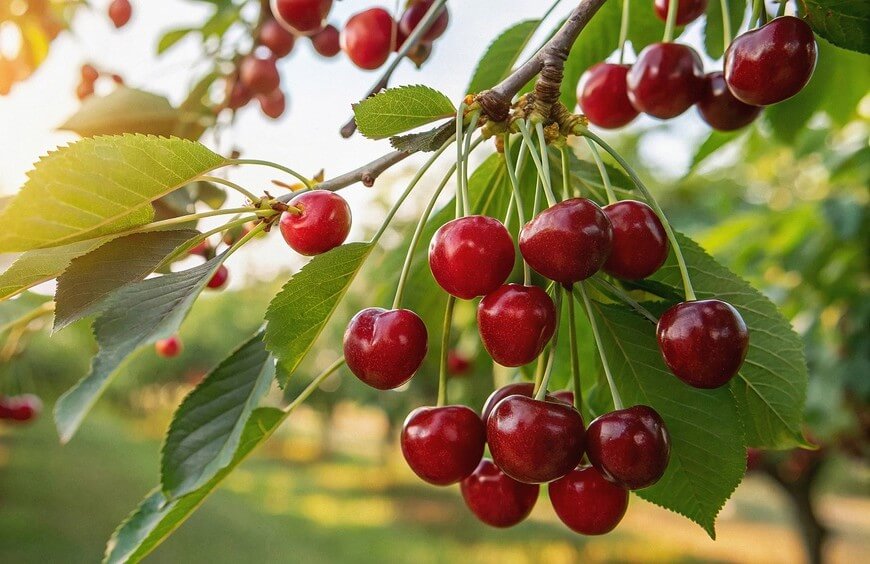 Clusters of ripe red cherries hang from tree branches among green leaves in an outdoor orchard setting.