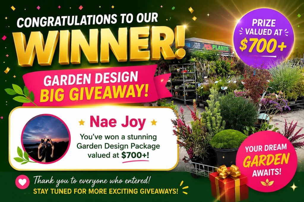Promotional graphic announcing a Plant Nursery garden design giveaway winner, featuring lush plants, exciting prizes, and text highlighting the winner and prize value of over £700.