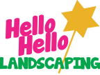 Logo for Hello Hello Landscaping: "Hello Hello" in large pink letters above "LANDSCAPING" in green, next to a yellow star on a stick resembling a magic wand.